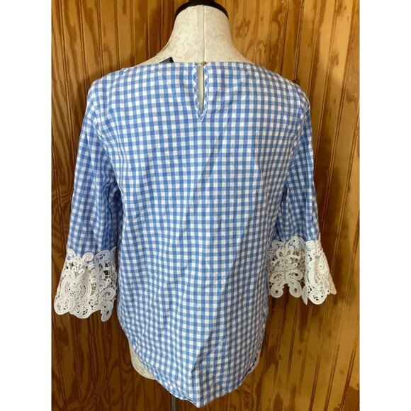 Liz Claiborne Career Blouse Pullover Top Keyhole Blue Checkered Cotton Sz M - Picture 2 of 8